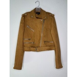 Stradivarius Womens Faux Suede Biker Jacket Camel Tan Cropped Moto Large